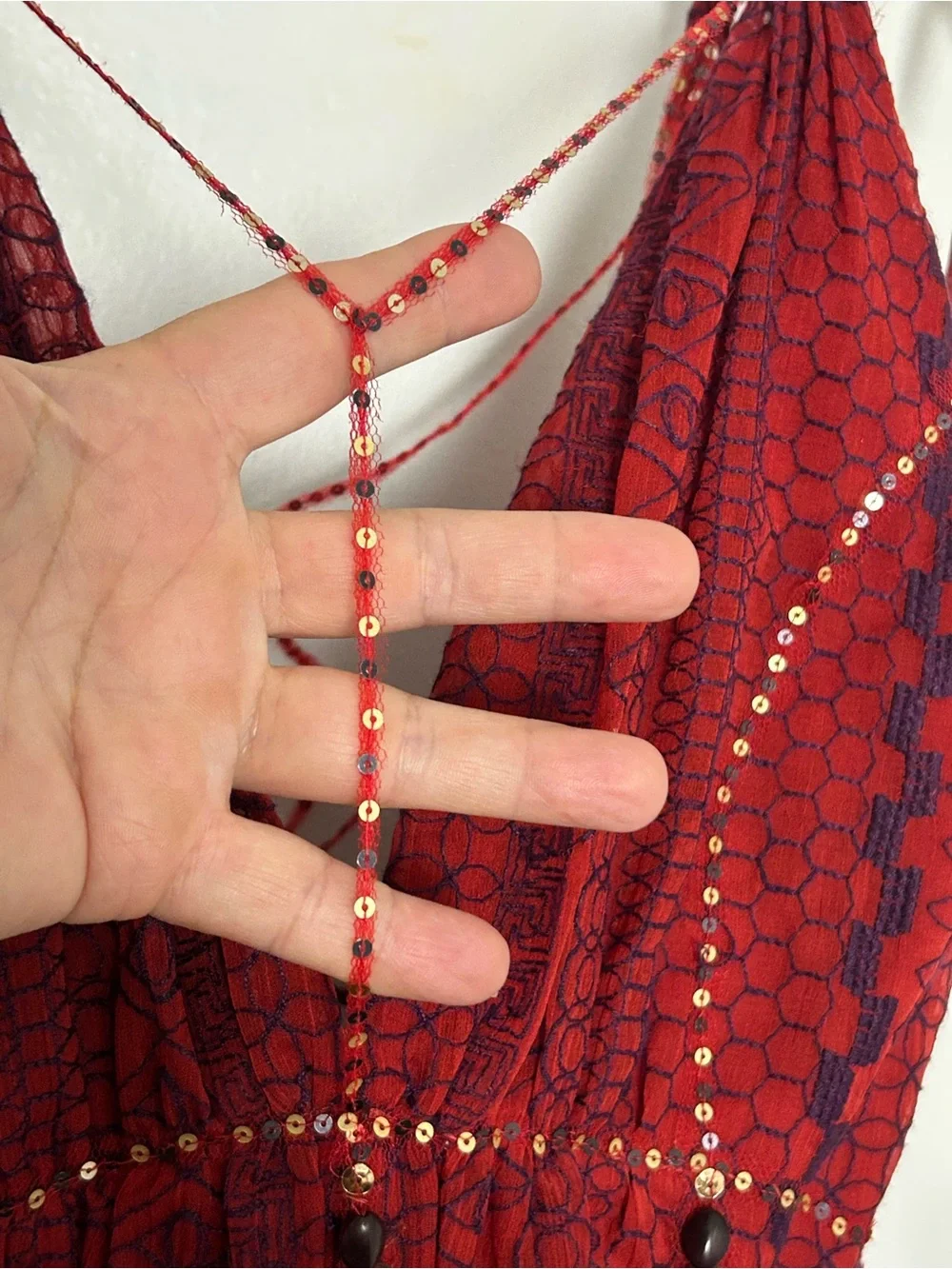 Free People Y2K Red Purple Embroidered Sequin Beaded Boho Dress Size 2